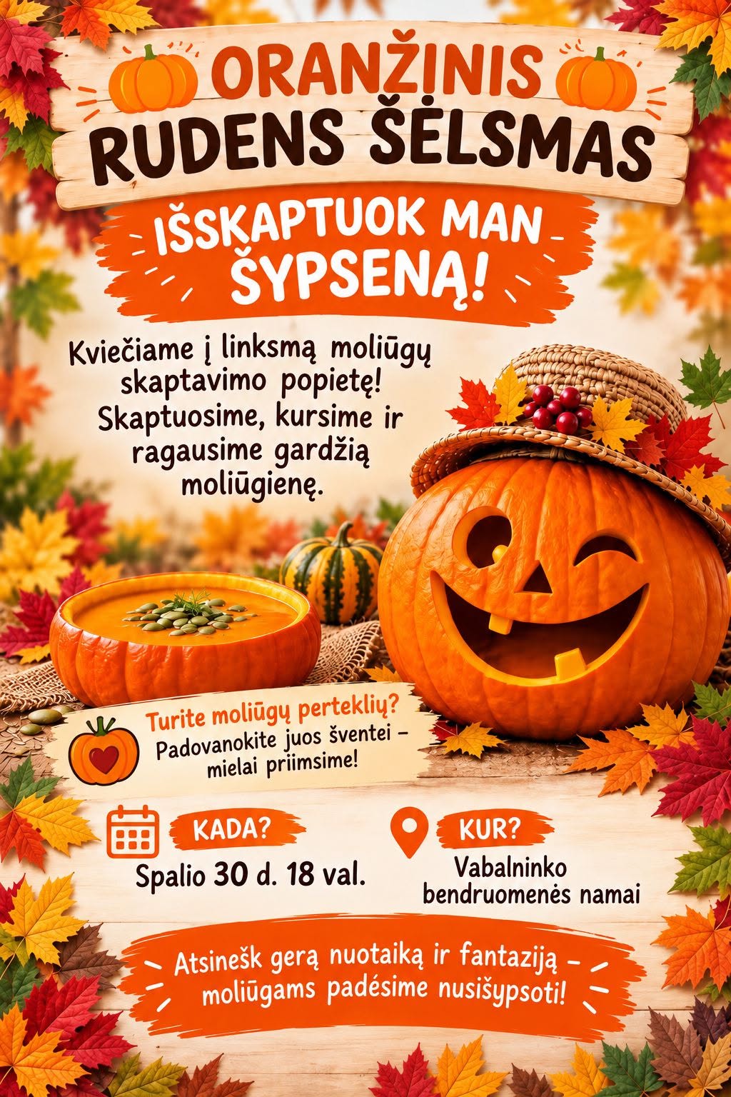 „Renginio „Oranžinis rudens šėlsmas“ plakatai su rudens tematikos elementais – moliūgais ir klevo lapais. Plakate užrašyta: „Išskaptuok man šypseną! Kviečiame į linksmą moliūgų skaptavimo popietę! Skaptuosime, kursime ir ragausime gardžią moliūgienę.“ Nurodyta data: spalio 30 d. 18 val., vieta: Vabalninko bendruomenės namai.“