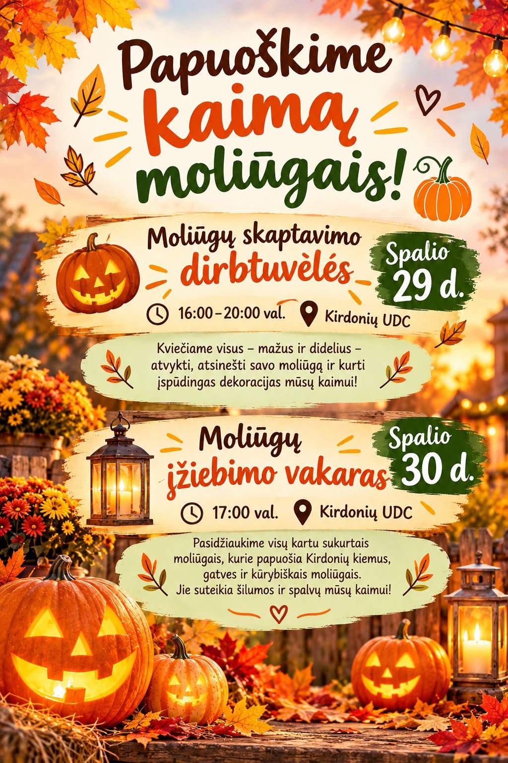 Rudeninio dizaino renginio plakatas „Papuoškime kaimą moliūgais!“, papuoštas klevo lapais, moliūgais ir žibintais. Plakate skelbiamos dvi pagrindinės datos: spalio 29 d. nuo 16:00 iki 20:00 val. Kirdonių UDC vyks moliūgų skaptavimo dirbtuvės, o spalio 30 d. nuo 17:00 val. – moliūgų įžiebimo vakaras.
